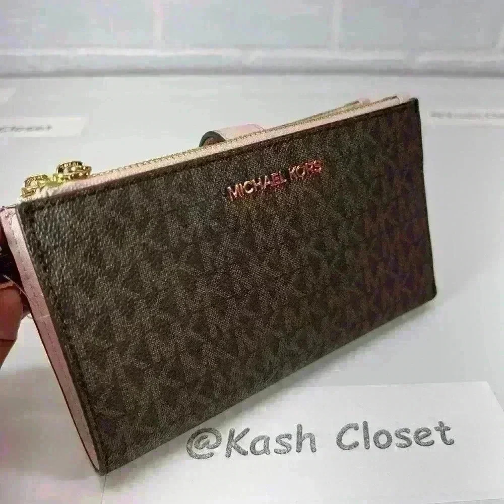 Michael Kors Double Zip Wristlet Large Wallet MK Signature PowderBlush Brown - Picture 4 of 8